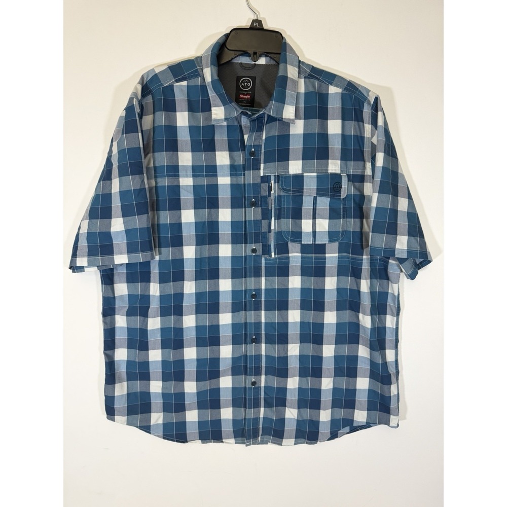 Wrangler Men's ATG Blue & White Plaid‎ Shirt Size XL Front & Zipper Pockets